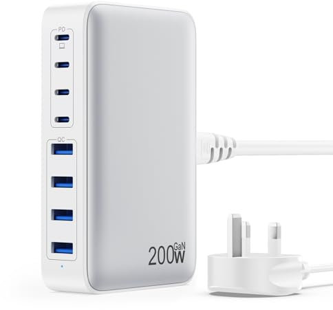 200W USB C Fast Charger Block,Upgraded GaN III 8-Port Charging Station Hub,PD 65W Laptop Charger Power Adapter Compatible with MacBook Pro/Air,Dell XPS, iPhone 16/15/Pro/14,Galaxy S24/S23 etc-White