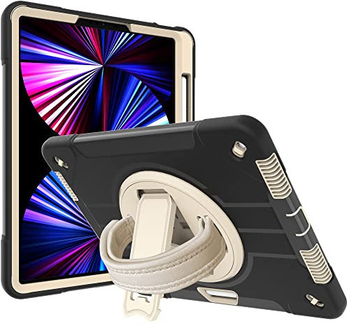 Étui pour tablette PC Compatible avec iPad Pro 5e génération 12,9 pouces (2018/2020/2021), coque trois en un incassable, coque de protection avec béquille rotative + poignée anti-chute, anti-poussière