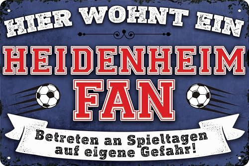 20x30cm Blechschild für Fußball Fans, hier wohnt ein Heidenheim Fan – Wandschild, Türschild, Torschild, lustiger Fussball Spruch, Fanartikel