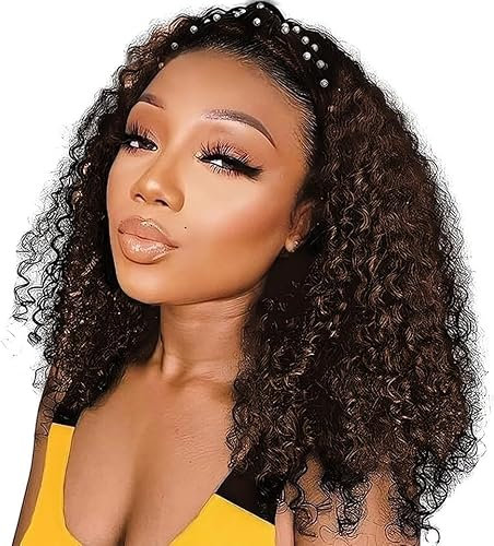 TNICE Headband Wig Human Hair Deep Wave 14 Inch Machine Made None Lace Front Wig Brazilian Virgin Curly Headband Wigs for Black Women Human Hair Chocolate Brown