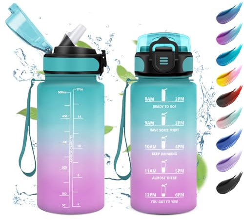 Gourde 500ml, Gourde Motivation, Bouteille d'eau avec Marqueur de Temps et Paille, Bouteille d'eau Étanche, Gourde Reutilisable pour Garçons, Fille, l'École, Bureau, Extérieur, Camping, Fitness