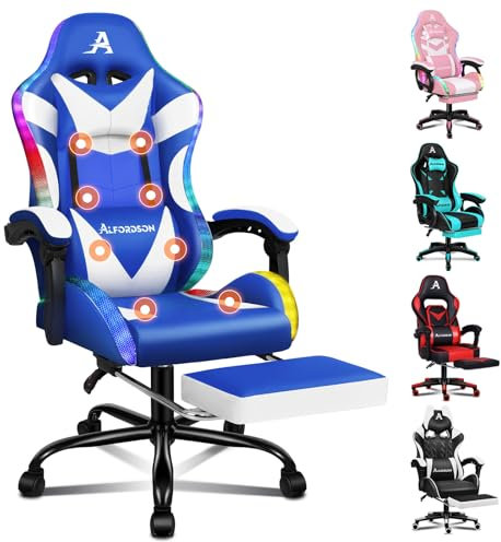 ALFORDSON Sedia da gioco da massaggio con LED, inclinazione di 150°, Sedia ergonomica con poggiapiedi, regolabile in altezza, capacità di carico 180 kg, Ecopelle, Blu e Bianco