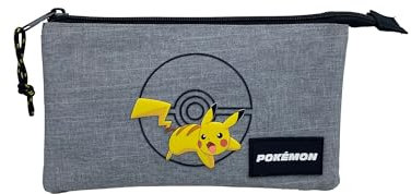 Estuche Escolar Pokemon Pikachu Triple – Interior Forrado y Cierre de Cremallera – Portatodo con 3 Compartimientos - 3 X 23 X 3 CM