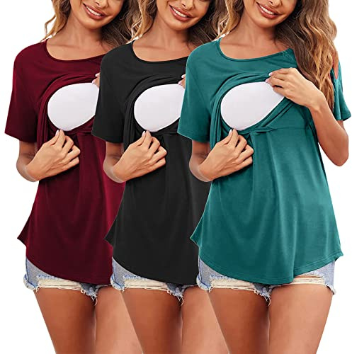 Hanraz Lot de 3 hauts d'allaitement pour femme - Manches courtes - En coton - Col rond - Tailles - T-shirt d'allaitement - Mode d'allaitement - T-shirt d'été