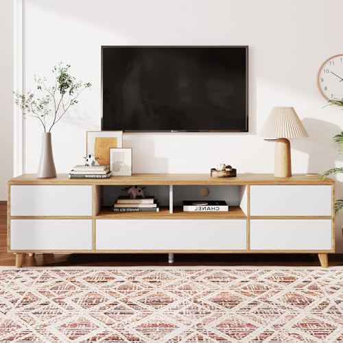 PUGSDRLY Meuble TV avec Rangement,5 Portes et 8 Compartiments,Meuble TV Bas,Design élégant et Moderne,Pieds en Bois,Blanc et Couleurs de Bois Originales (175x37x51cm)