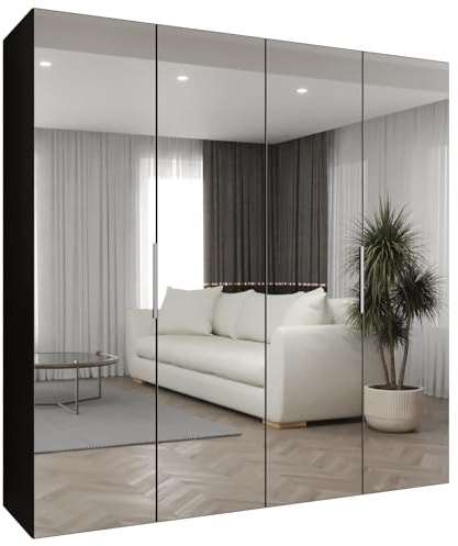 MEBLE KRYSPOL - Kleiderschrank mit Spiegel - Drehtürenschrank - Schrank 200x202x52cm - Garderobenschrank Schlafzimmer, Flur, Jugendzimmer - Farbe Schwarz, Griff Kaschmir - Marbella 3 200