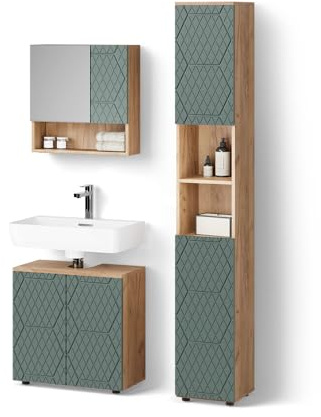 Livinity Badmöbel-Set Ronco, Grün/Goldkraft Eiche 60 cm | 3-teilig · Waschtischunterschrank · Spiegelschrank · Hochschrank