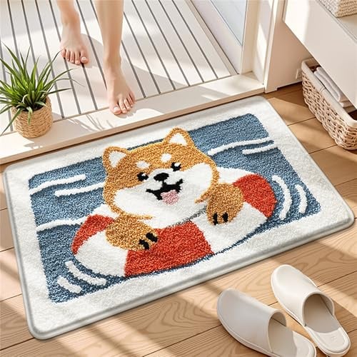 Trlyane Badteppich rutschfest Waschbar 50 x 80 cm, Mikrofaser, Shiba | Weicher Saugfähiger Badezimmerteppich, Rutschfeste Badematte aus Mikrofaser mit Tiermotiv für Bad, Dusche und Eingang