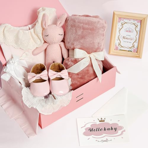 vamei Baby Geschenk Mädchen, Neugeborenen Geschenk Babygeschenke zur Geburt Mädchen mit Strampler Schuhe Strickhase Decke Bilderrahmen Stirnband Socken Grußkarten, Baby Shower Party