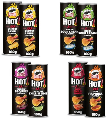 Pringles HOT scharfer Chips Mix (8 x 160 g) – Cheese & Chilli, Kickin' Sour Cream, Smokin' BBQ Ribs, Mexican Chilli Lime, Sweet Chilli & Fiery Paprika– der Snack in der Dose – Pop. Play. Eat.