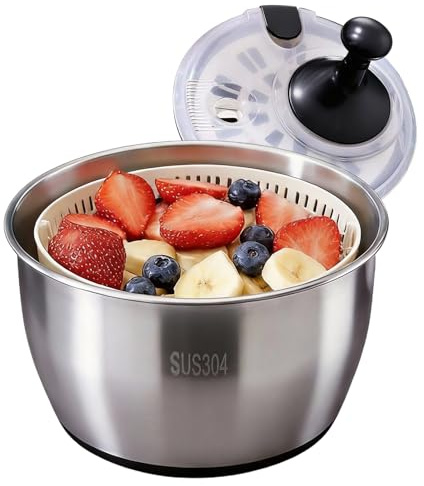 Edelstahl Salatschleuder 5L - Mit Stopp-Taste & Spülmaschinenfest - BPA-frei mit transparentem Deckel, Ablaufloch & rutschfestem Boden​