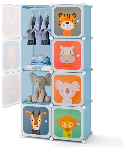 COSTWAY Kinder Kleiderschrank, Regalsystem mit 8 Würfeln, Kinderregal erweiterbar, Aufbewahrungsschrank aus Kunststoff mit Türen & Aufhänger für Kinderzimmer Schlafzimmer (Blau,8 Würfel)