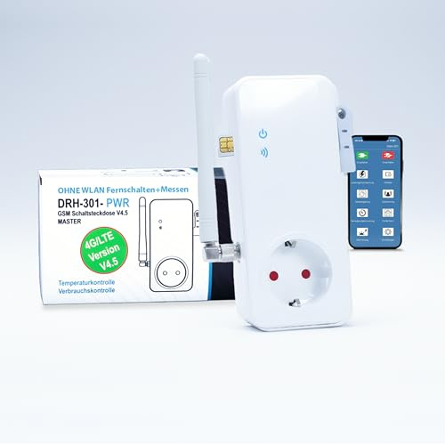 GSM Steckdose DRH-301-PWR V4.5 – SMS Fernschalter mit Temperatursteuerung | Verbrauchsmessung | Stromausfall-Alarm | Zeitschaltuhr | 3500W – 4G/LTE Smart Plug mit Temperatursensor