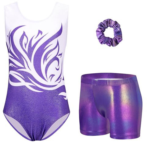 Arshiner Body Ginnastica Bambina Bianco Viola Set Danza Ritmica Artistica Tuta Sportiva Senza Maniche Shorts Metallizzati Fascia Capelli Elastico Abbigliamento Balletto Spettacolo Bambina 4-5 Anni