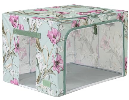 Periea ‘Beau’ Folding Collapsible Stackable Fabric Home Storage Boxes with Steel Frames (Green Floral, Large)