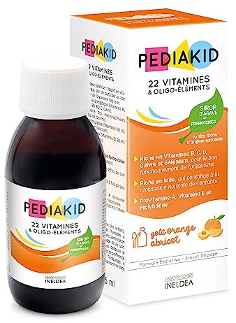 PEDIAKID - Natural Pediakid Food Supplement with 22 Vitamins and Trace Elements - Exclusive Agave Syrup Formula - Optimises Vitamins and Minerals - Apricot Orange Flavour - 125 ml Lacon