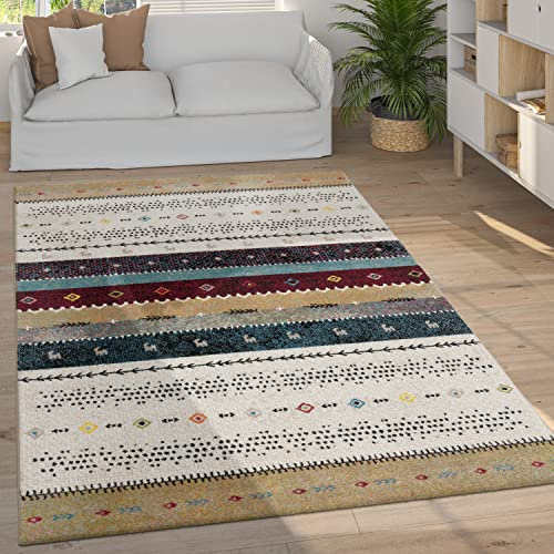 Paco Home Teppich Wohnzimmer Schlafzimmer Kurzflor Vintage Boho Ethno Skandi Geometrisches Muster Streifen Rauten Design, Grösse:160x230 cm, Farbe:Beige