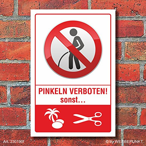 Schild Pinkeln verboten urinieren pissen Eier abschneiden 450 x 300 mm | 3 mm Alu-Verbund, wetterfester UV-Direktdruck, robust und langlebig, Made in Germany