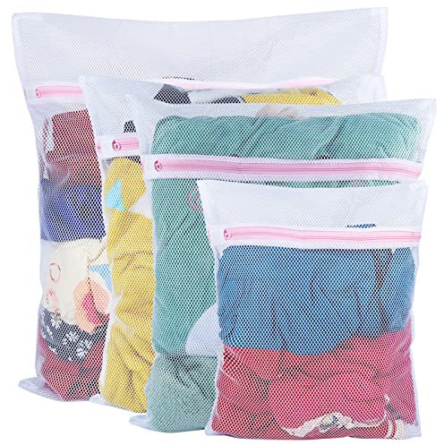 Vivifying Mesh Laundry Bag, Set of 4 Durable Coarse Washing Bag with Zip for Clothes, Delicates Underwear, Bra, Lingerie Baby Clothes(White)