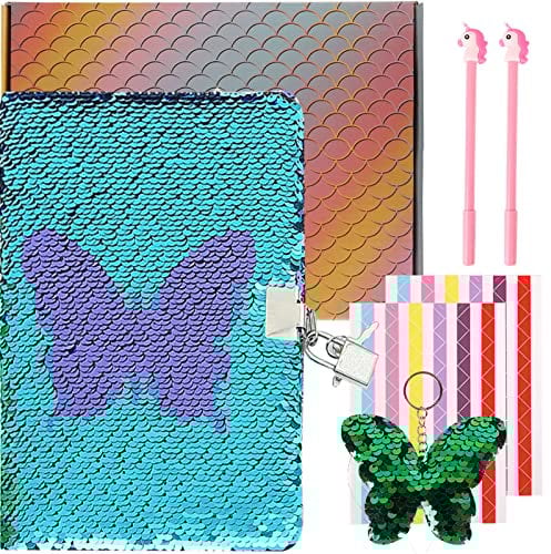 Pailletten Tagebuch, Magic Pailletten Notizbuch und Einhorn Stifte, A5 Reisetagebuch mit DIY Schmetterling Notizblock–Meerjungfrau Reversible Notizbuch Journal für Kinder Mädchen Geburtstag Geschenk