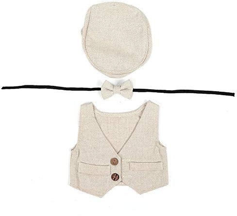 Neugeborenes Baby Fotografie Requisiten Gentleman Hut Bowtie gestrickte Fotografie Kostüm Kleidung flache Kappe, 0-1 Monate Baby(Beige)