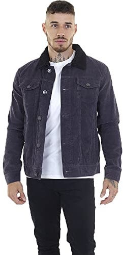 BRAVE SOUL Mens Corduroy Jacket Button-Up Casual Jacket with Soft Cotton Fabric Classic Collar Outerwear Jacket for Men, Grey Colour, Size: S