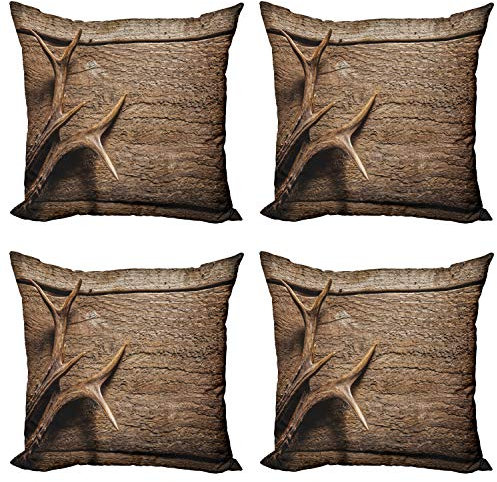 ABAKUHAUS Geweih Dekokissen Kissenbezug 4er Pack, Hölzerne Rotwild Rustic Antler, Modern Accent Doppelseitiger Digitaldruck, 45 x 45 cm, Umbrabraun