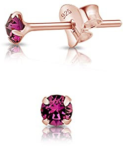 DTPSilver - 925 Sterling Silver Rose Gold plated Round TINY Stud Earrings made with Glittering Crystals from Swarovski® Elements - Diameter: 3 mm - Colour : Purple Amethyst