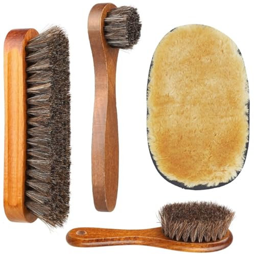 brosses à Chaussures – Brosse en CRIN de Cheval pour Cirage de Chaussures – 4 brosses applicatrices de Cirage + 1 Gant de Nettoyage en Microfibre (4)