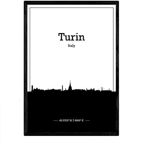 Nacnic Plakat mit Karte von Turin - Italien. Skyline Blätter mit Städten in Italien mit schwarzem Schatten. A3