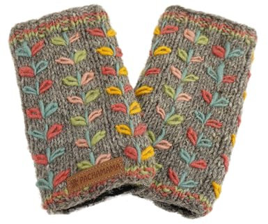 Pachamama Scaldamussi da donna in lana, foderato in pile, lavorato a mano con fiori ricamati, taglia unica, fatto a mano, extra caldo, commercio equo e solid