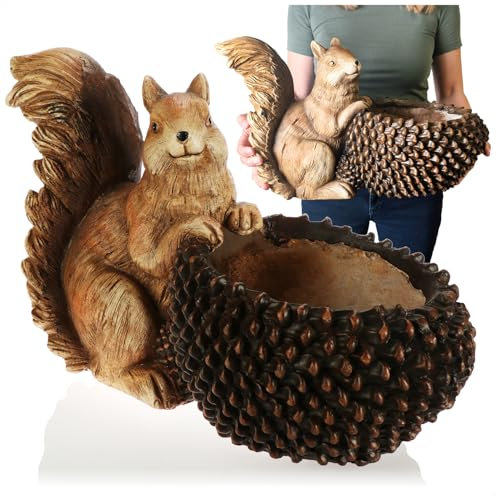 com-four® Deko-Eichhörnchen mit Zapfen - herbstlicher Aufsteller für Tisch, Regal, Fensterbrett - kleine Schale für Deko, Nüsse oder als Vogeltränke - Dekofigur für innen und außen