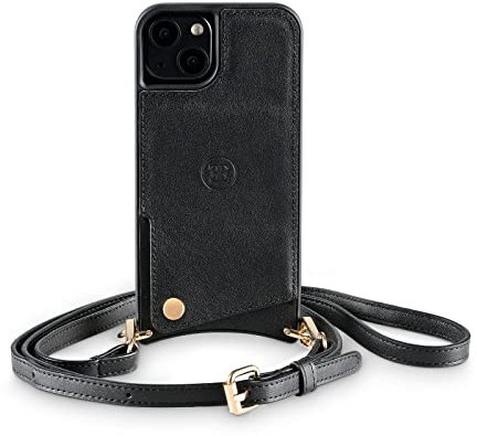 ELAMENTE Echtleder Handyhülle mit Handykette zum Umhängen für iPhone 12/12 Pro mit Kartenfach