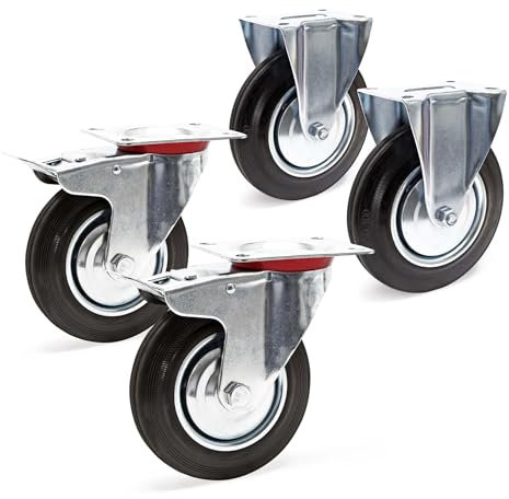 Juego de ruedas 200 mm 2 x ruedas giratorias doble freno y 2 x ruedas fijas goma maciza 150 kg/rueda