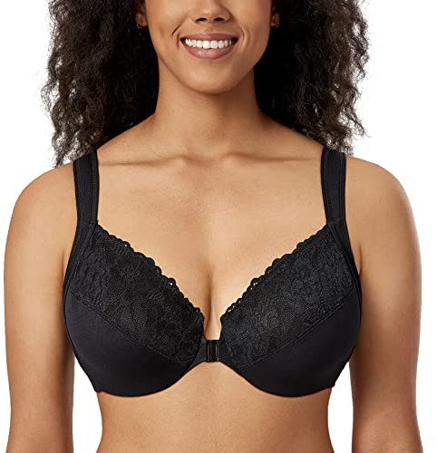 DELIMIRA Women's Front Fastening Bras Unlined Lace Plus Size Support Underwire Black 40B