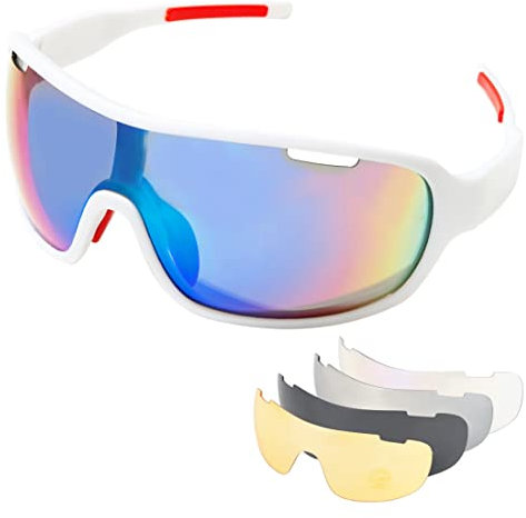 SAWUTPV Polarized Cycling Glasses for Men Women UV400 Protection Sports Sunglasses with 5 Interchangeable Lenses Bike Goggles (BrightWhite)