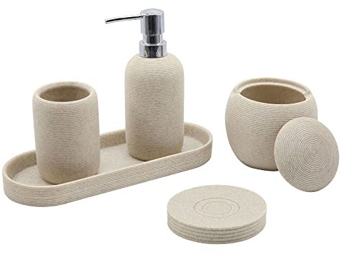 Set di accessori da bagno in resina beige, set di 5 accessori da bagno con dispenser per lozioni, portasapone, portaspazzolino, vassoio per toeletta, dispenser porta Qtip, decorazione moderna per il
