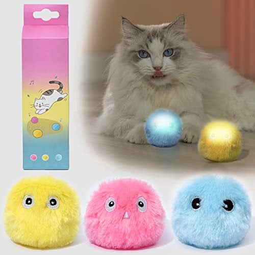 Sunwuun 3 Stück Glühen Katzenbälle Interaktives Katzenspielzeug Ball mit Sound Kätzchenspielzeug Selbstbeschäftigung Plüsch Balle mit Lebensechte Tiergeräusche für Katze