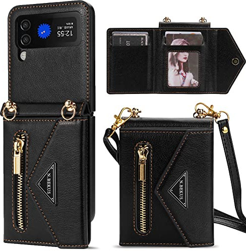 GUVAGI Handyhülle für Samsung Galaxy Z Flip 4 Hülle Case mit Band, Leder Klappbar Klapphülle Flip Case Reißverschluss Stoßfest Schutzhülle Aesthetic Mädchen Handy Hülle mit Kette (Schwarz)