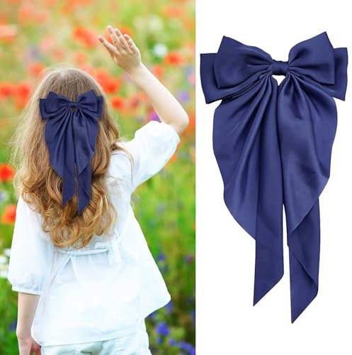 Pince à cheveux avec nœud, nœuds pour cheveux pour femmes Big Bowknot Hairpin French Hair Clips Hair Barrette Clips Soft Satin Silky Hair Bows for Women Girls(bleu marine)