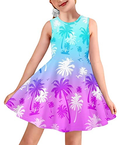 Showudesigns Tropical Palm Tree Dress for Kids Girls Dresses 9-10 Years Loose Fit Clothes Casual Flared Midi Dress Pull On Little Girls Dresses for Summer Coconut Tree Purple