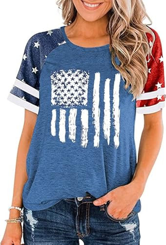 Amerikanische Flagge Sterne Streifen Shirts für Frauen 4. Juli Patriotisches Hemd Niedliche Grafik Bluse USA Flagge Tops Sommer Tee, Blue01, X-Groß