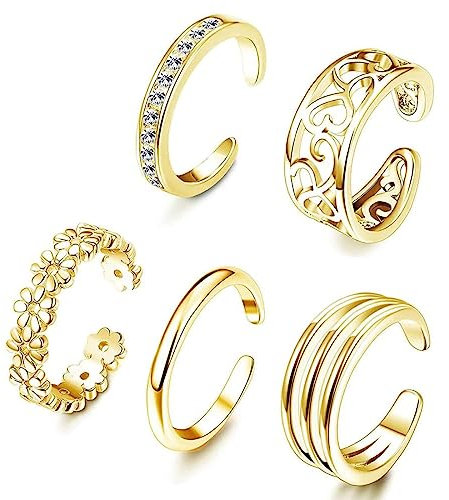 LEEQBCR - 5 Pcs Zehenring aus 925 Sterling Silber, Damen, offener verstellbarer Bandring, Ring, Schmuck (Gold)