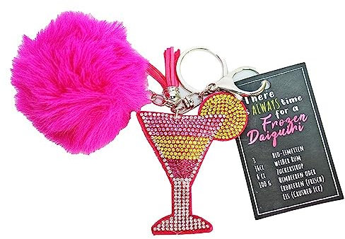 BEMIRO Pinker Schlüsselanhänger Puschel mit Frozen Daiquiri Rezept, Cocktail Schlüsselanhänger, Taschen Anhänger