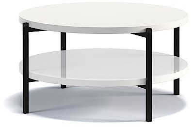 BETTSO - Couchtisch Rund - Sofatisch mit Metallgestell - Beistelltisch für Wohnzimmer Modern - Abmessungen 84x43x84cm - Weiß glänzend - mit Ablage