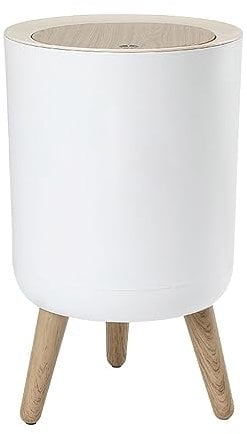 LOVIVER Trash Can, Nordic Imitation Wood Grain Garbage Can with Press Top Cover High Foot Dustbin with Press Cover Trash Can Bin for Bedroom, Kitchen, Round detachable leg