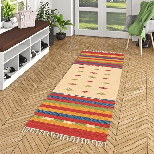 Pergamon Baumwolle Natur Kelim Teppich Läufer für Flur und Küche Lina Rot Trend