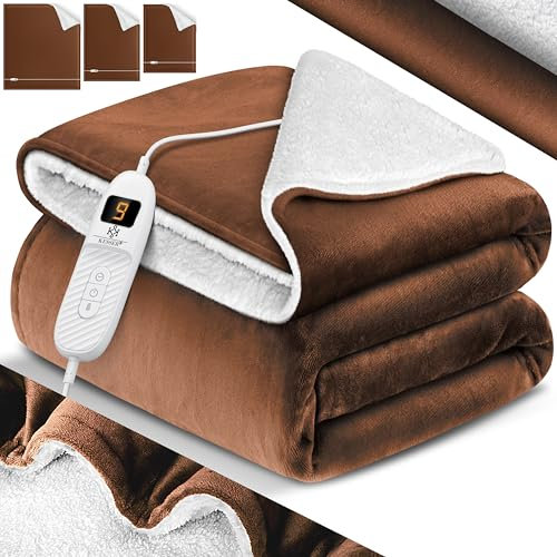KESSER® Heizdecke mit Abschaltautomatik 160x120cm Doppelseitig Elektrische Wärmedecke | Kuscheldecke Bett, Sofa | 9 Temperaturstufen | waschbar bis 40°C | mit Timer Digitalanzeige Braun