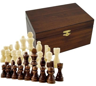 Holz Schachfiguren in Holzbox Königshöhe 63 mm - Staunton Design Schach Holzfiguren mit Filzgleiter in edler Holz Geschenkbox braun Gr. M König 63mm Springer handgeschnitzt