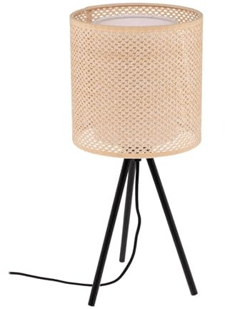 Lindby Dreibein Tischlampe Textil, Kunststoff Rattanlook Nachttischlampe Tischleuchte 1x E27 ohne Leuchtmittel Schlafzimmerlampe Nachttischleuchte